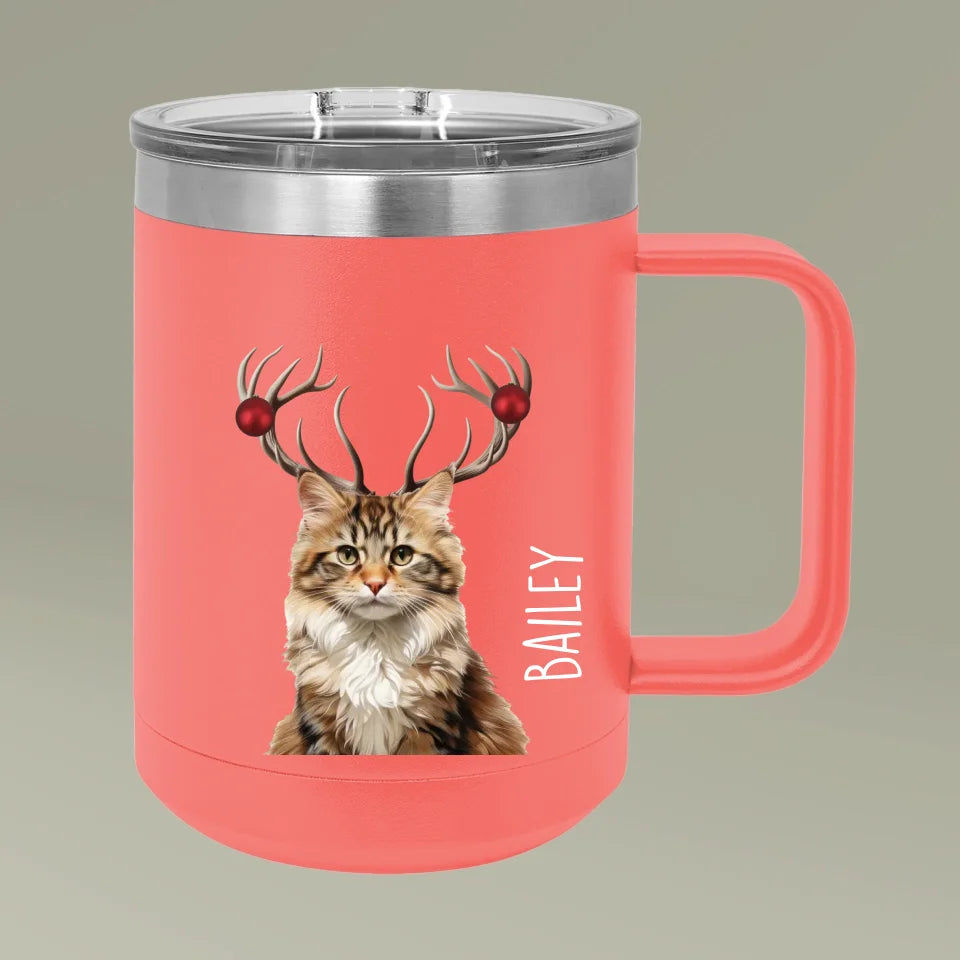 Custom Personalized Cat Photo Holiday Reindeer Coffee Mug Tumbler 15oz