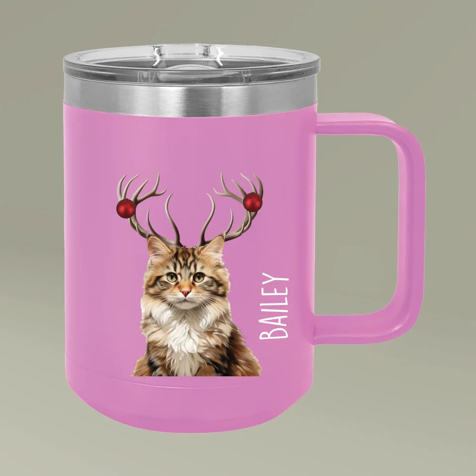 Custom Personalized Cat Photo Holiday Reindeer Coffee Mug Tumbler 15oz