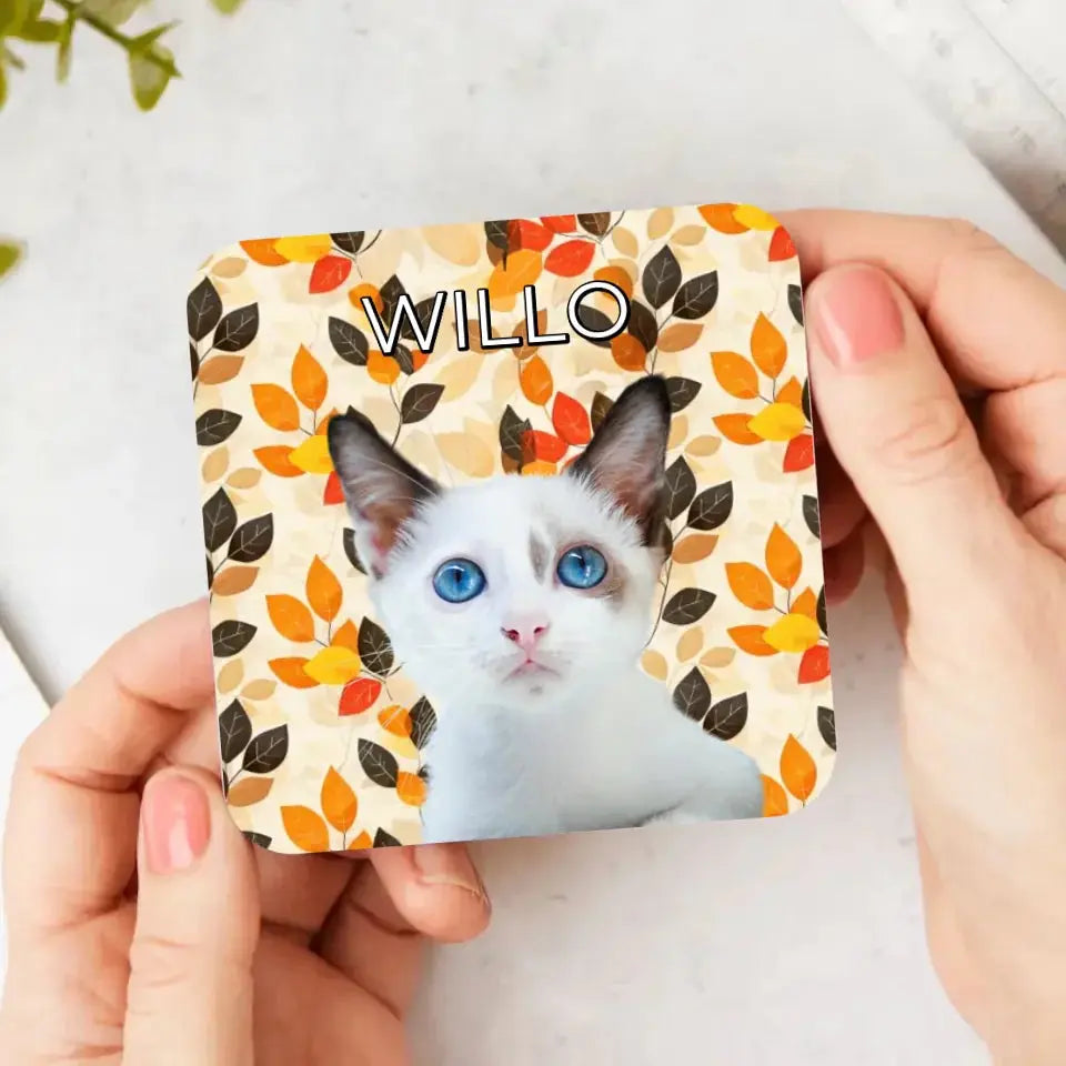 Custom Cat Photo Fall Geometric Pattern Coasters - Gifts for Cat Lovers Printify