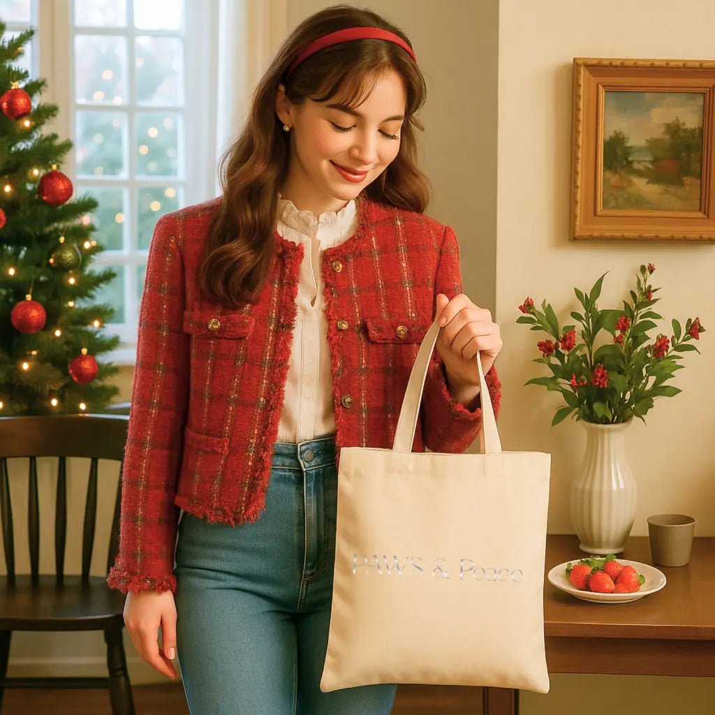 Canvas Tote Bag — Embossed "Paws & Peace" Eco Shopper - Chic Kitty
