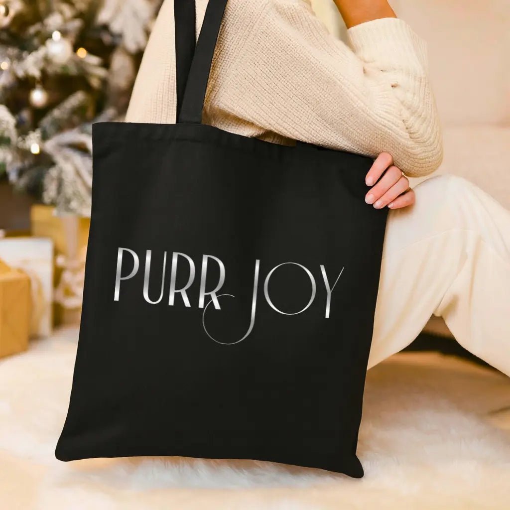 Canvas Tote Bag — Embossed "Purr Joy" Minimalist Eco Shopper - Chic Kitty