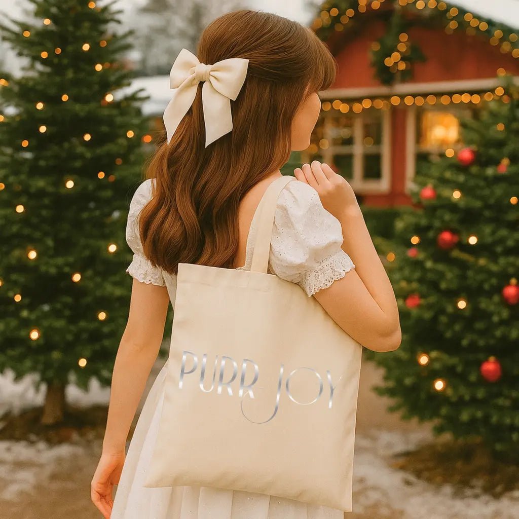 Canvas Tote Bag — Embossed "Purr Joy" Minimalist Eco Shopper - Chic Kitty