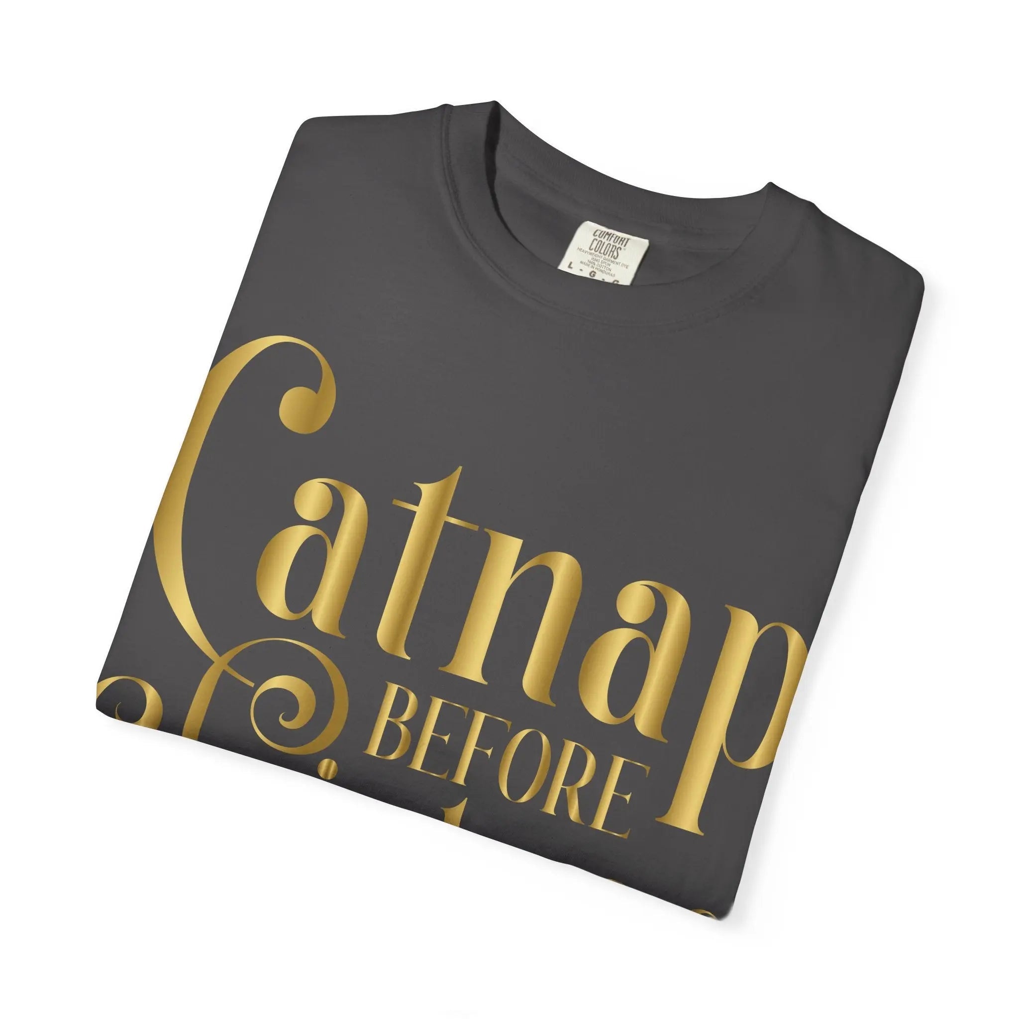 Catnap Before Christmas T-Shirt — Festive Gold Script Holiday Tee - Chic Kitty