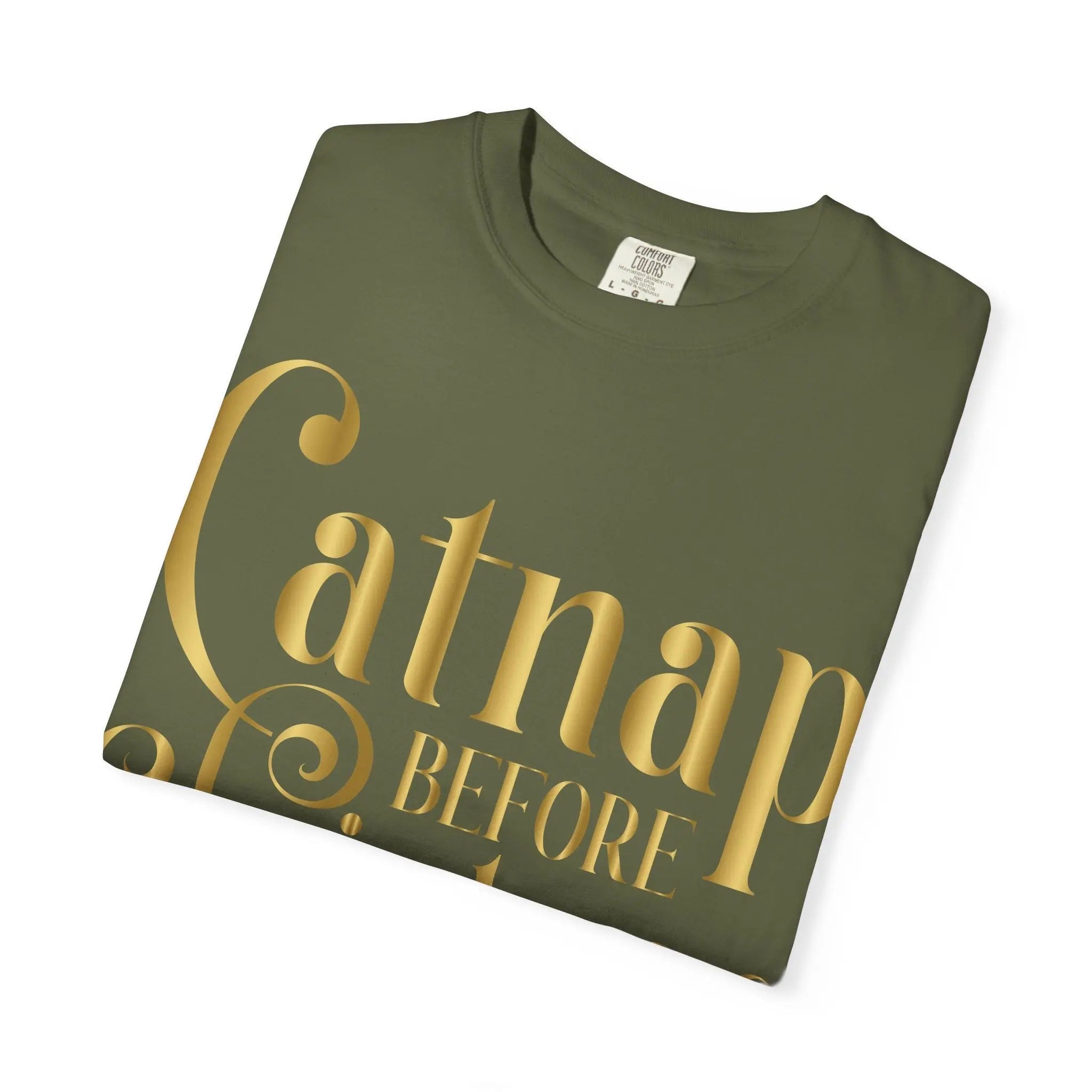 Catnap Before Christmas T-Shirt — Festive Gold Script Holiday Tee - Chic Kitty