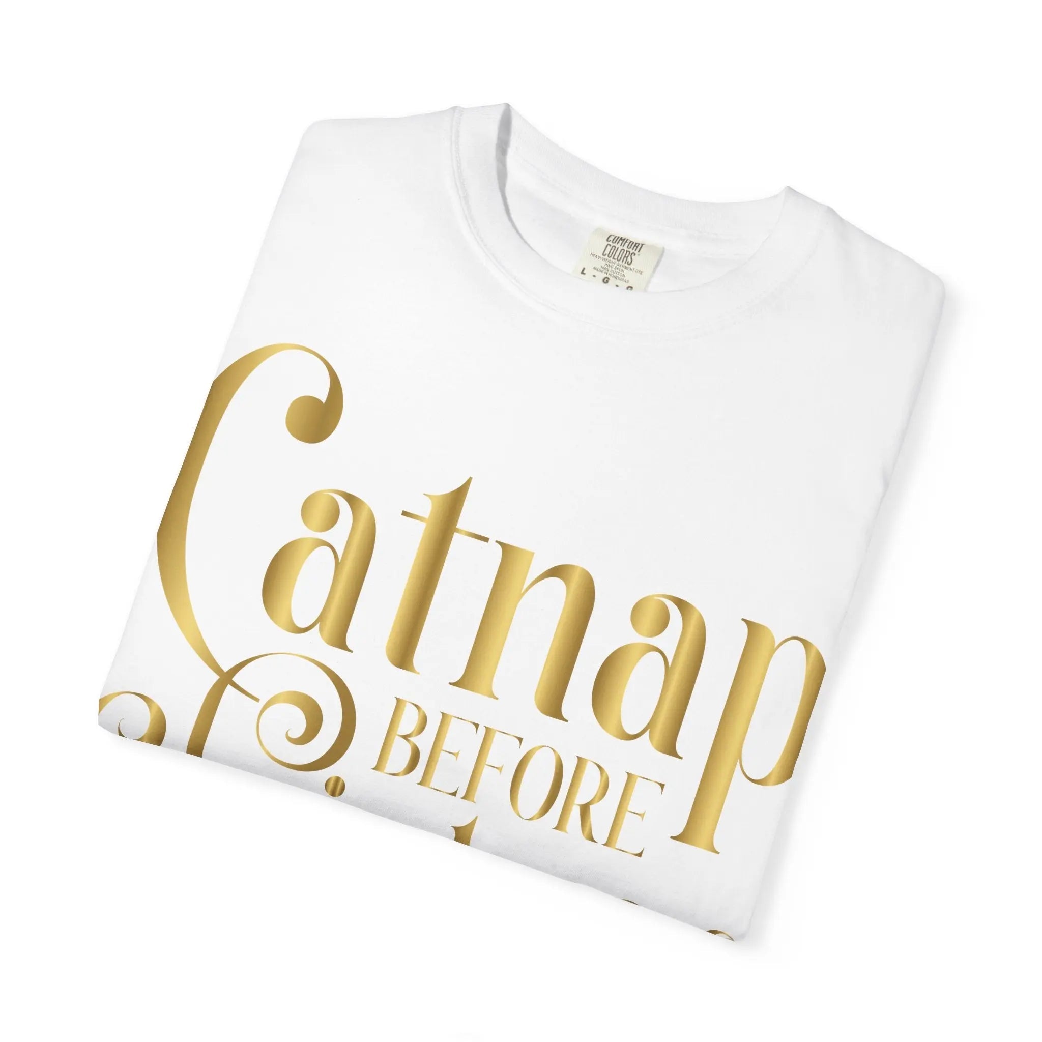 Catnap Before Christmas T-Shirt — Festive Gold Script Holiday Tee - Chic Kitty