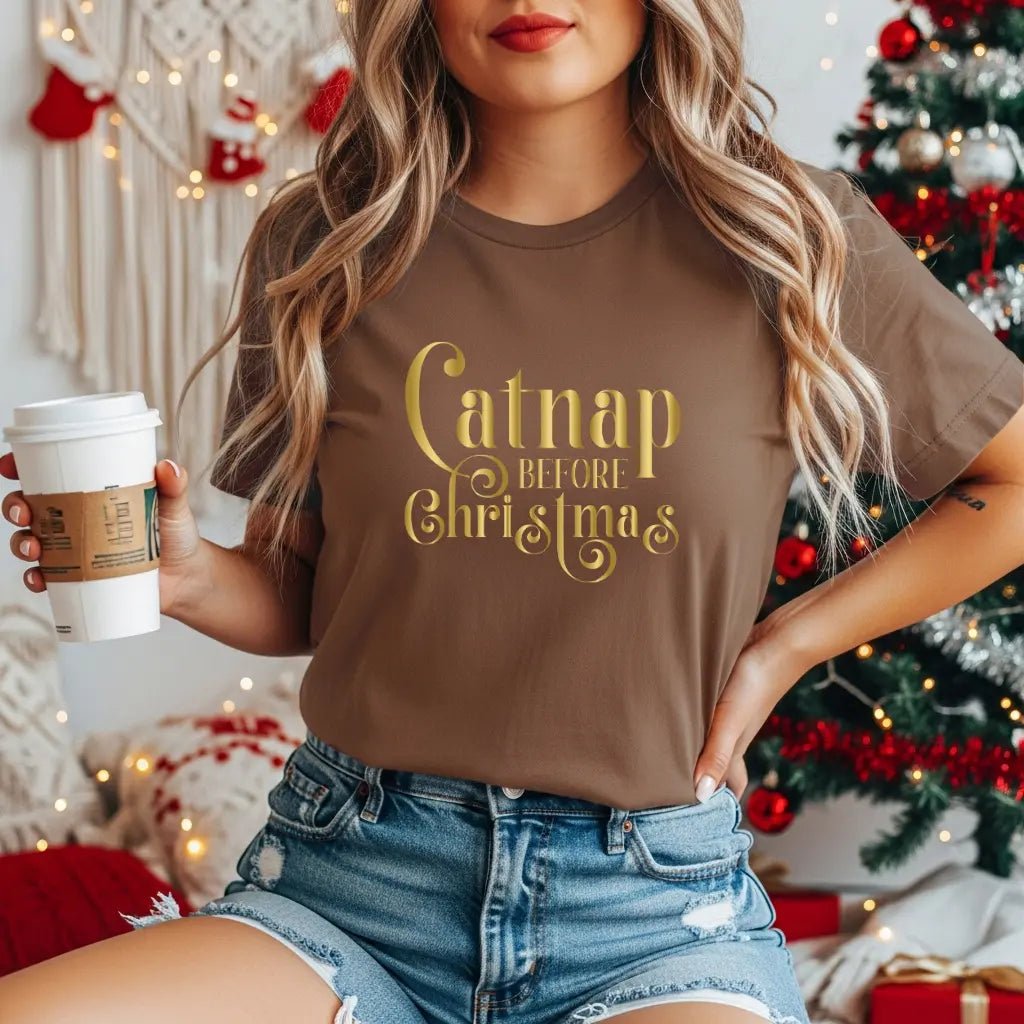 Catnap Before Christmas T-Shirt — Festive Gold Script Holiday Tee - Chic Kitty