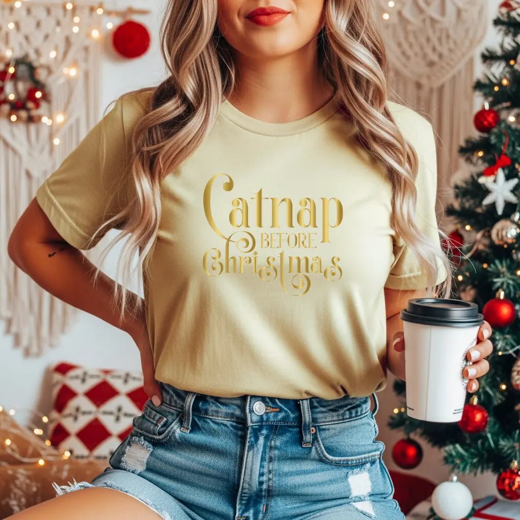 Catnap Before Christmas T-Shirt — Festive Gold Script Holiday Tee - Chic Kitty