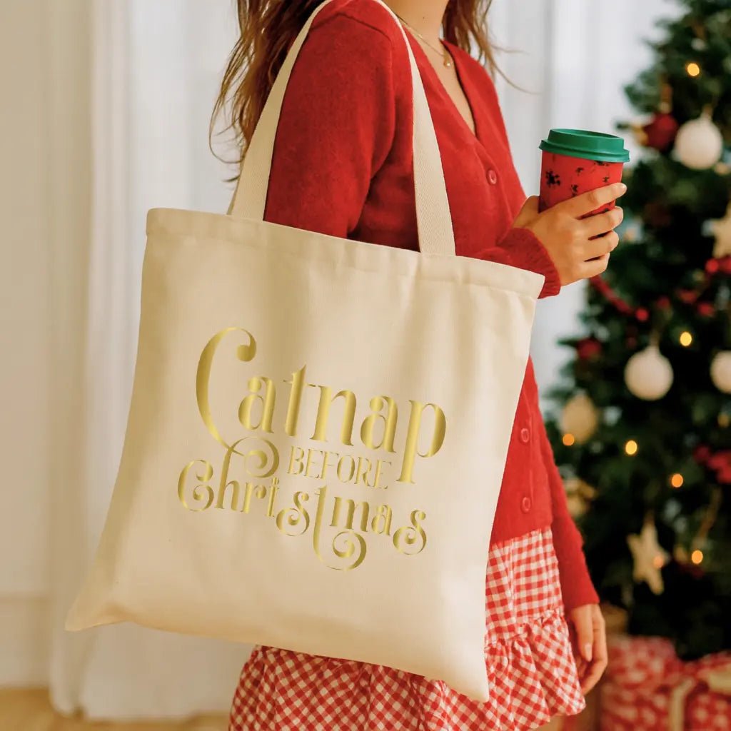 Catnap Before Christmas Tote Bag — Holiday Cat Lover Canvas Tote - Chic Kitty