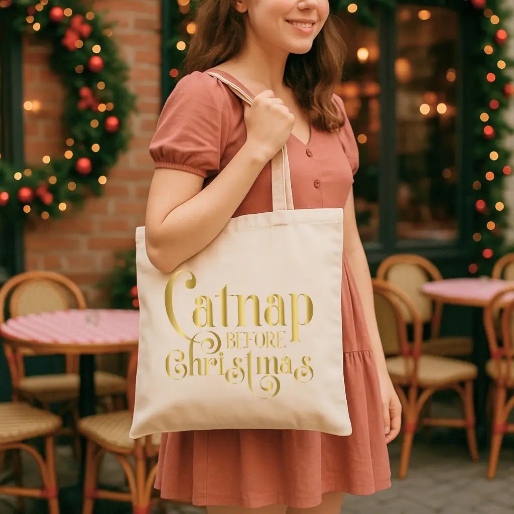 Catnap Before Christmas Tote Bag — Holiday Cat Lover Grocery Tote - Chic Kitty