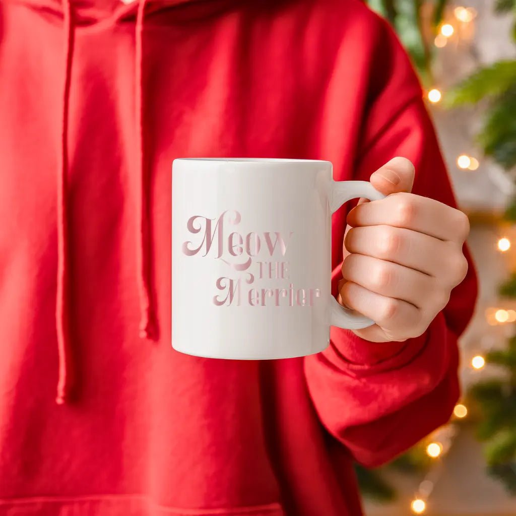 Ceramic Mug — 'Meow the Merrier' Pink Script Coffee Cup - Chic Kitty