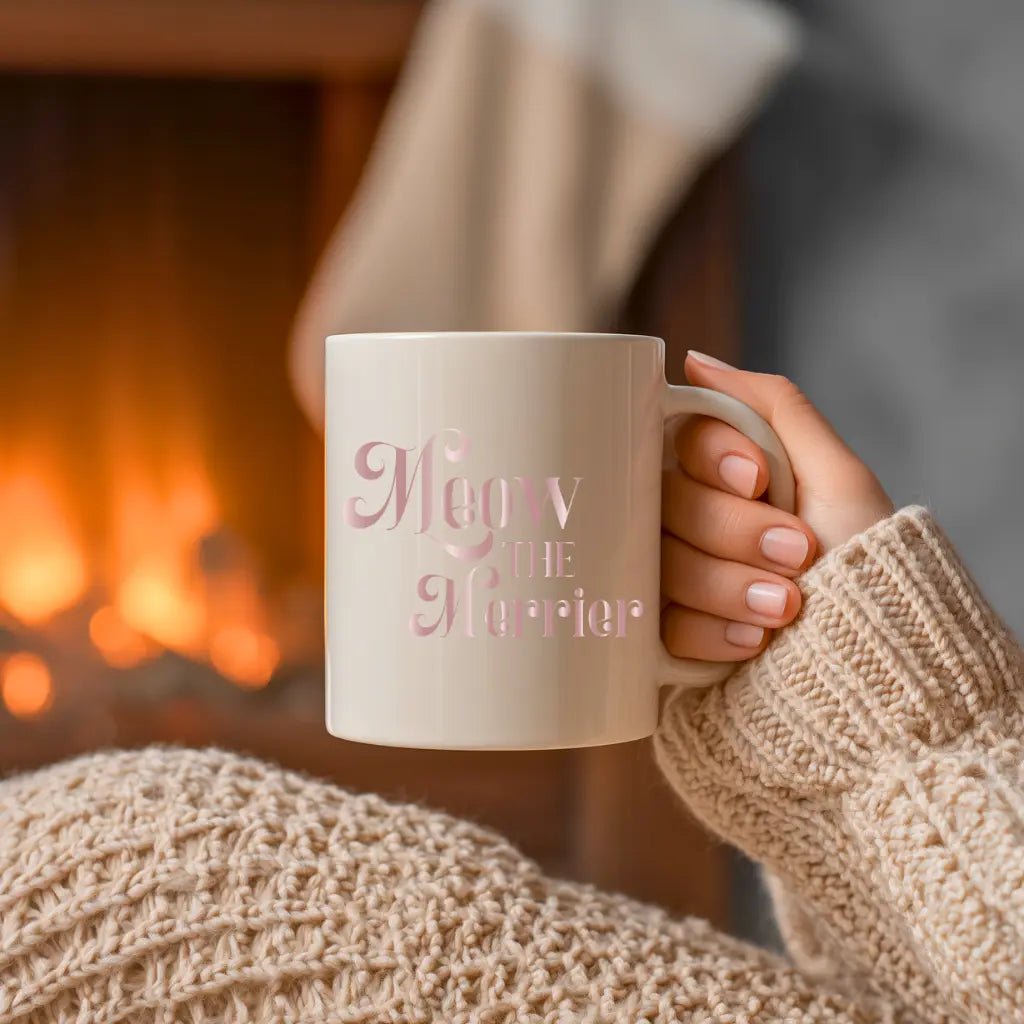 Ceramic Mug — 'Meow the Merrier' Pink Script Coffee Cup - Chic Kitty