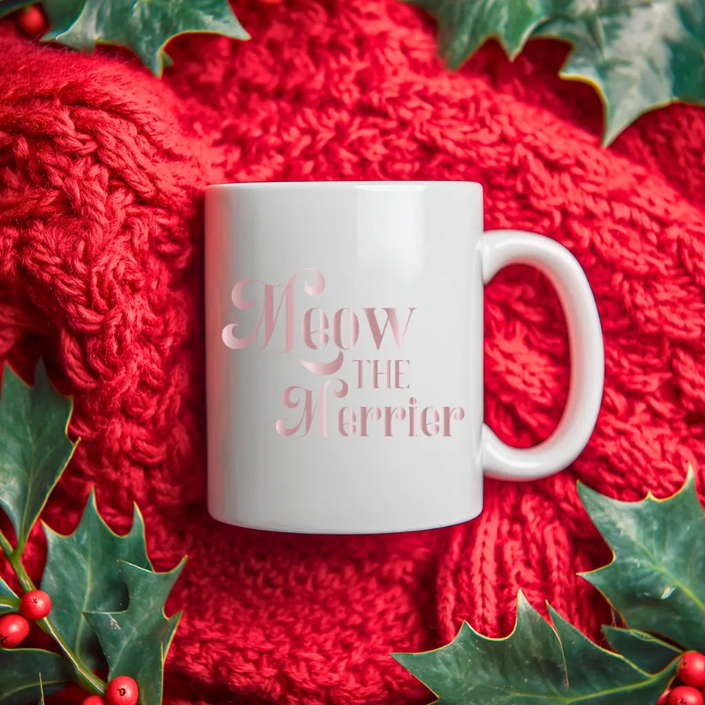 Ceramic Mug — 'Meow the Merrier' Pink Script Coffee Cup - Chic Kitty