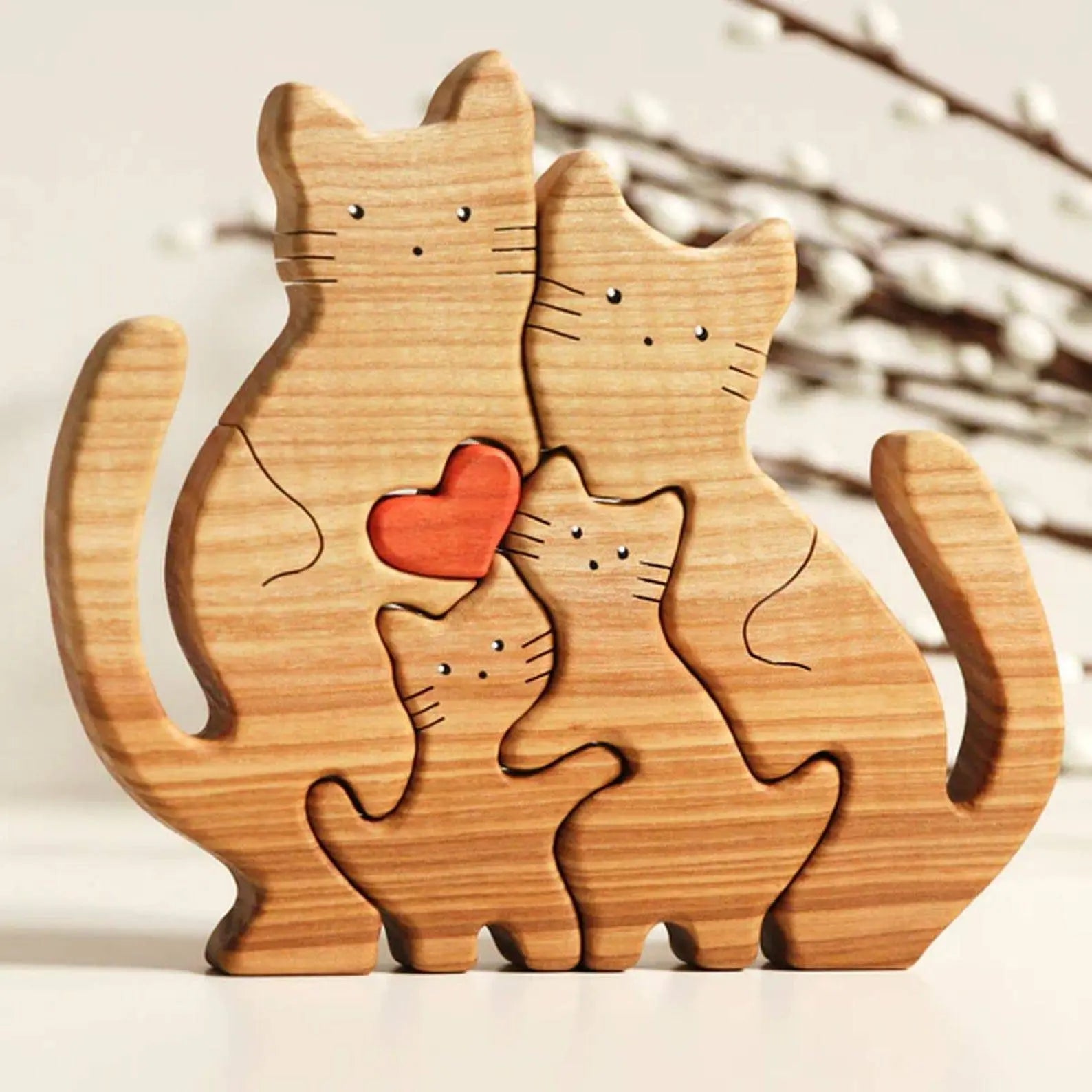 Personalized Wooden Cat Puzzle Gift For Home Decoration - Cat Family Upto 6 Members - Chic Kitty