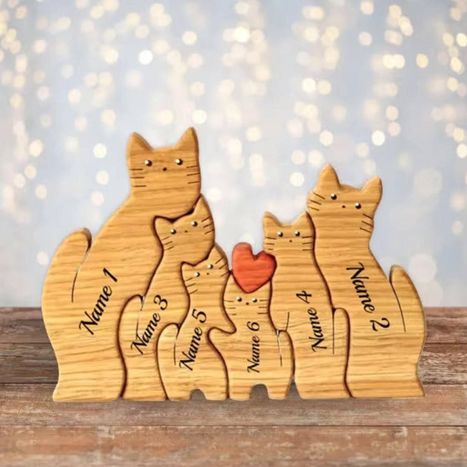 Personalized Wooden Cat Puzzle Gift For Home Decoration - Cat Family Upto 6 Members - Chic Kitty