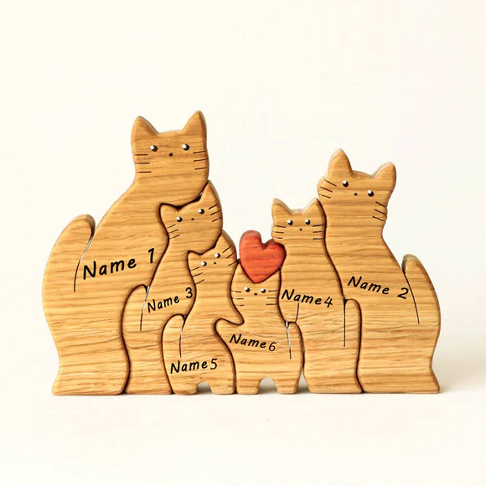 Personalized Wooden Cat Puzzle Gift For Home Decoration - Cat Family Upto 6 Members - Chic Kitty