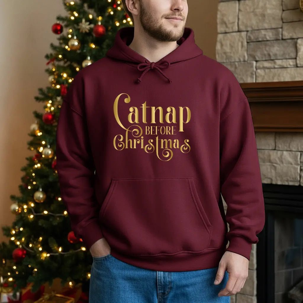 Christmas Hooded Sweatshirt — 'Catnap Before Christmas' Gold Foil Holiday Hoodie - Chic Kitty