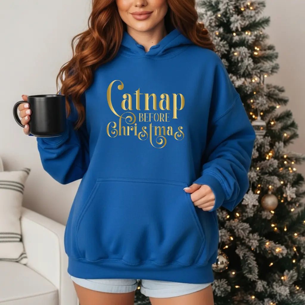 Christmas Hooded Sweatshirt — 'Catnap Before Christmas' Gold Foil Holiday Hoodie - Chic Kitty