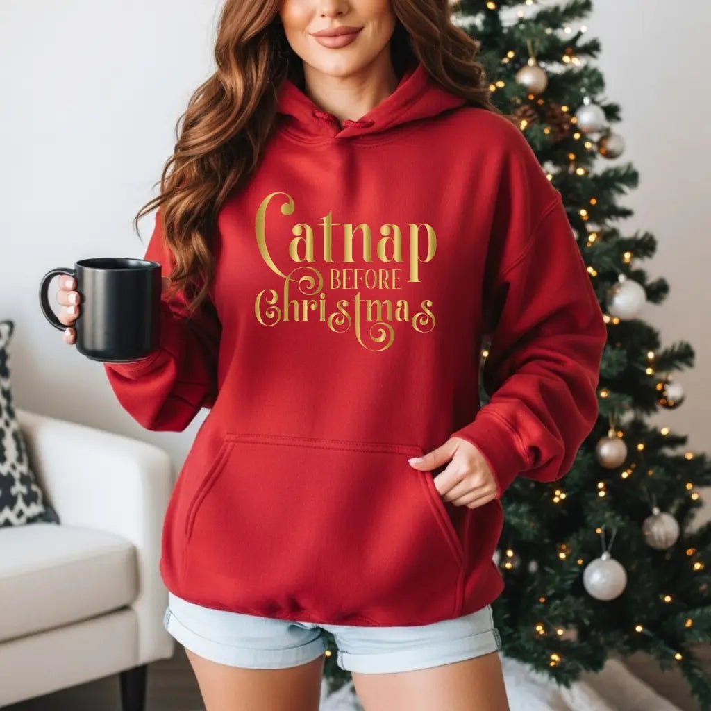 Christmas Hooded Sweatshirt — 'Catnap Before Christmas' Gold Foil Holiday Hoodie - Chic Kitty