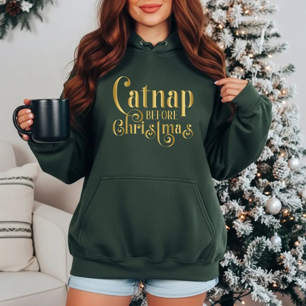 Christmas Nap Hoodie — "Calnap Before Christmas" Gold Script Pullover - Chic Kitty