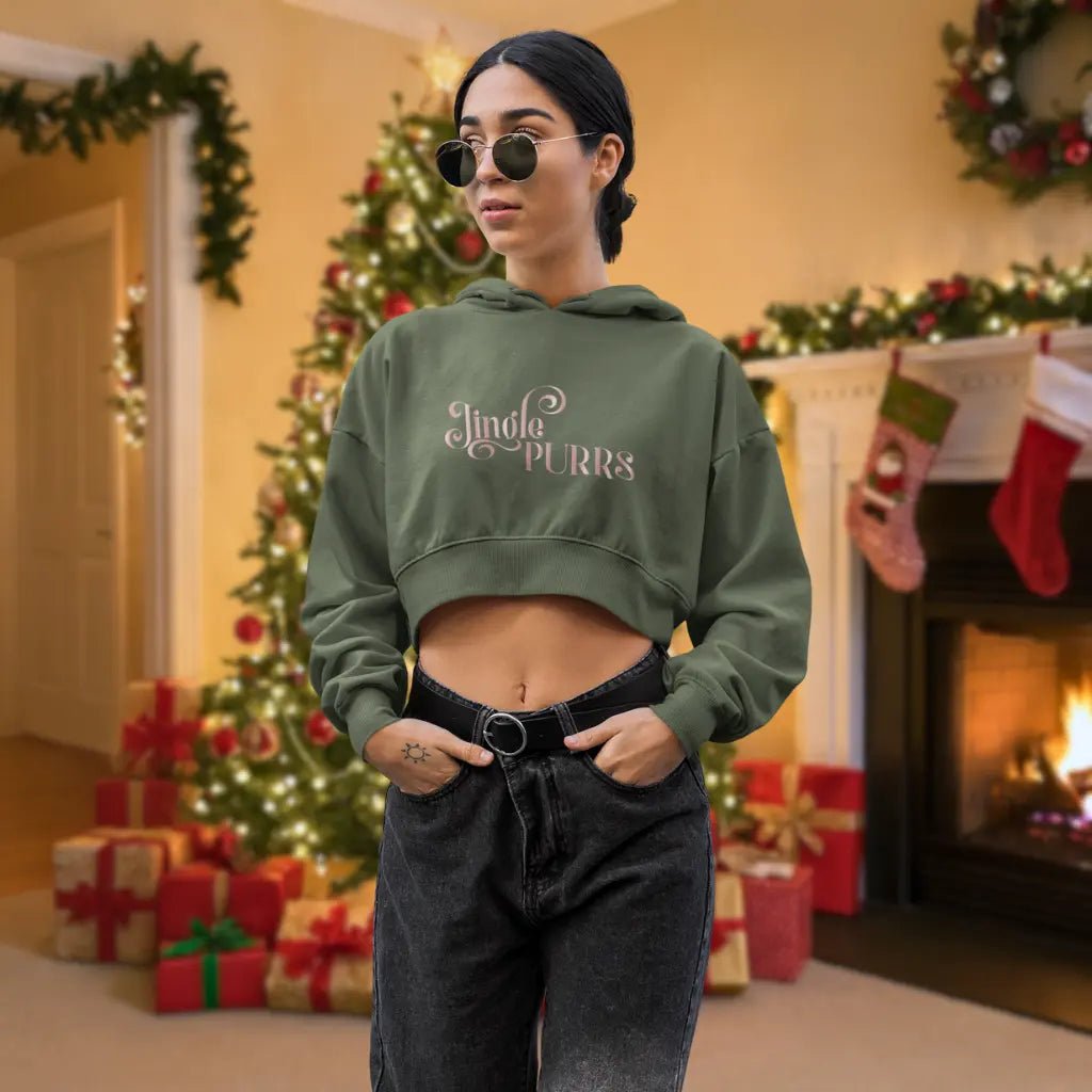 Cropped Hoodie — "Jingle Purrs" Cute Holiday Cat Graphic - Chic Kitty