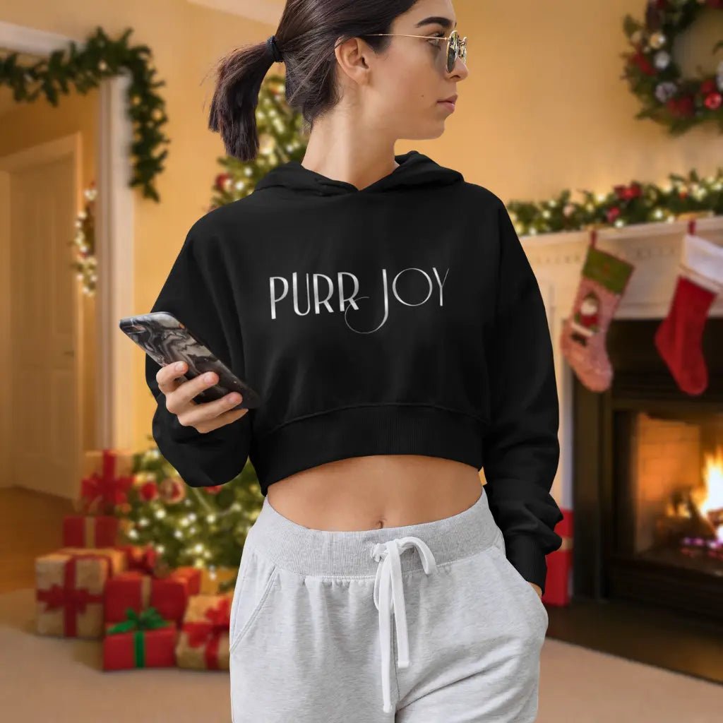 Cropped Hoodie — "Purr Joy" Cat Lover Women's Cropped Pullover - Chic Kitty
