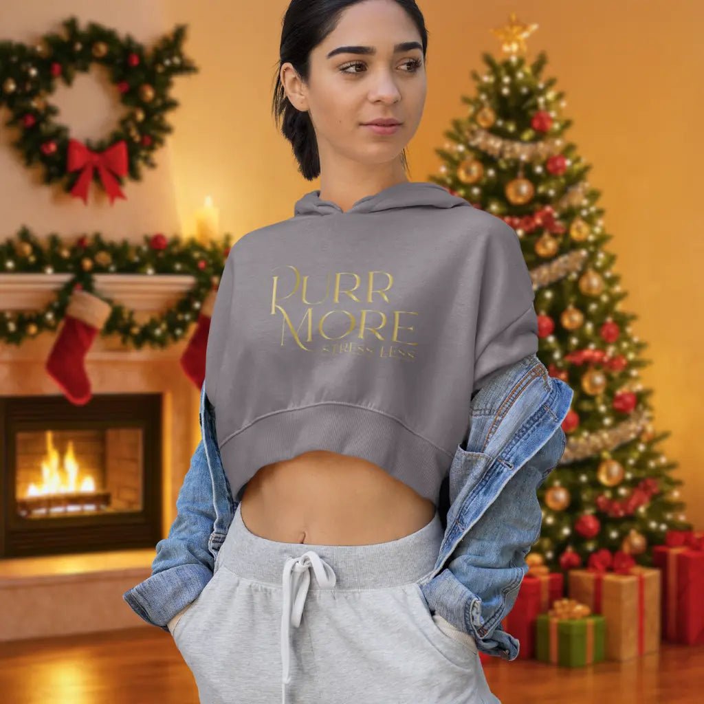 Cropped Hoodie — "Purr More Stress Less" Gold Script Cat Lover Crop Top - Chic Kitty