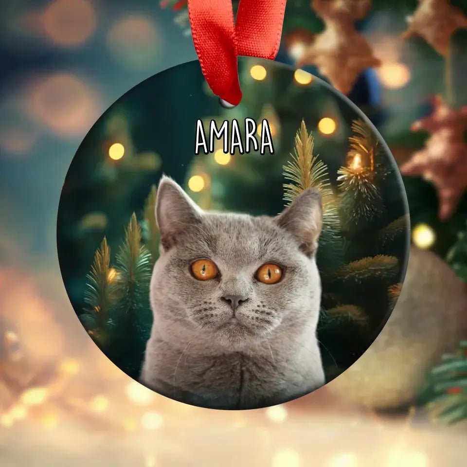 Custom Personalized Cat Photo Christmas Ornament - Holiday Acrylic Ornament with Ribbon - Chic Kitty