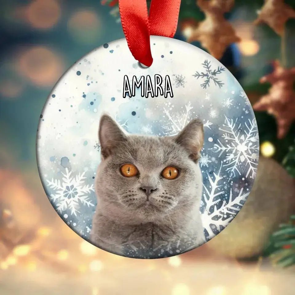 Custom Personalized Cat Photo Christmas Ornament - Holiday Acrylic Ornament with Ribbon - Chic Kitty