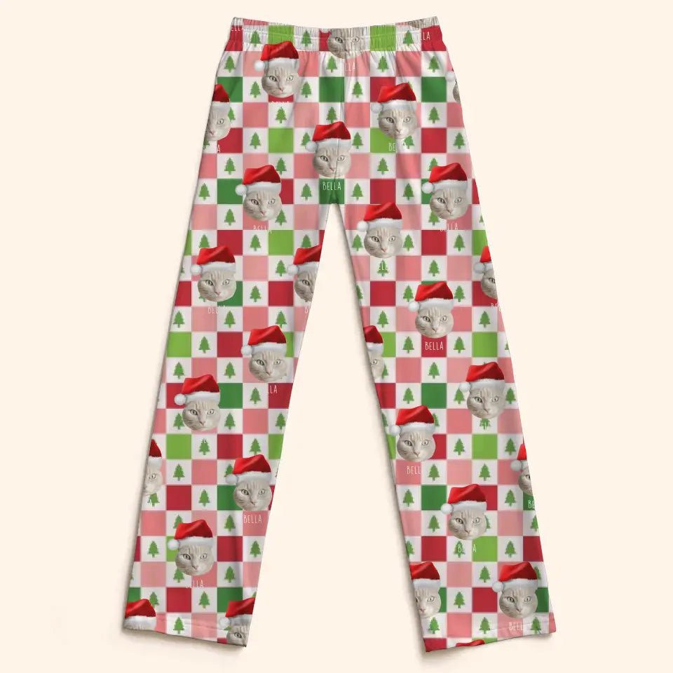 Custom Personalized Cat Photo Christmas Pajama Pants - Holiday PJ's for Kids - Chic Kitty