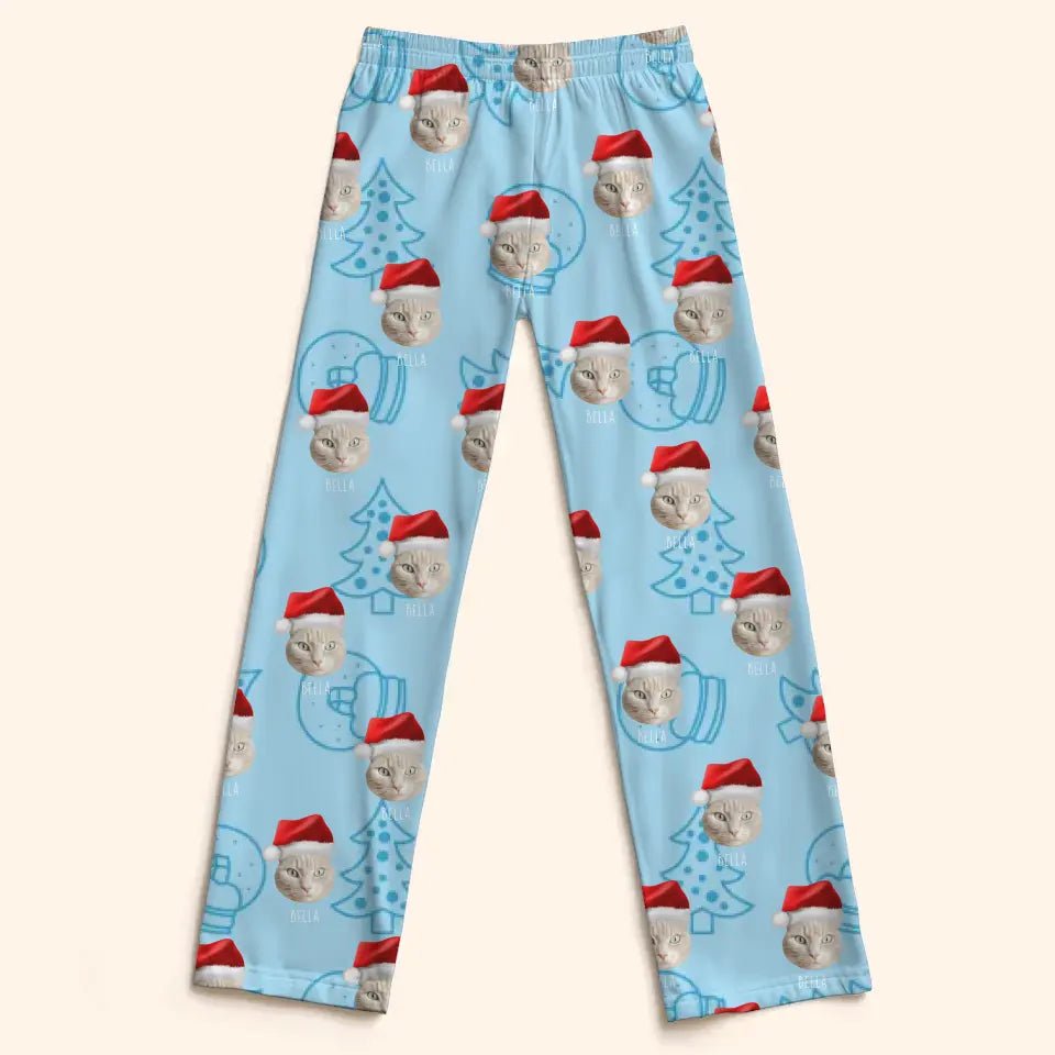 Custom Personalized Cat Photo Christmas Pajama Pants - Holiday PJ's for Kids - Chic Kitty