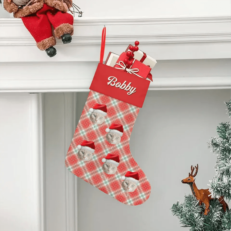 Custom Personalized Cat Photo Christmas Stocking - Holiday Linen - Chic Kitty