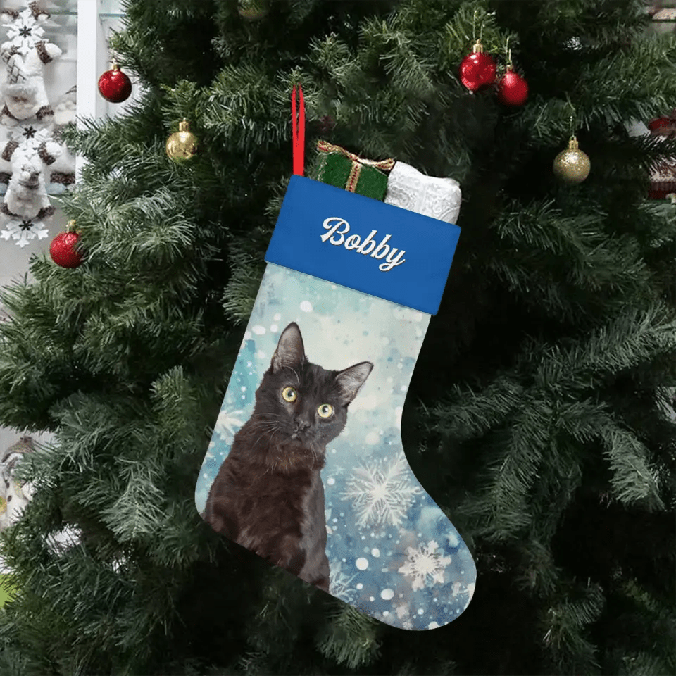 Custom Personalized Cat Photo Christmas Stocking - Holiday Linen - Chic Kitty