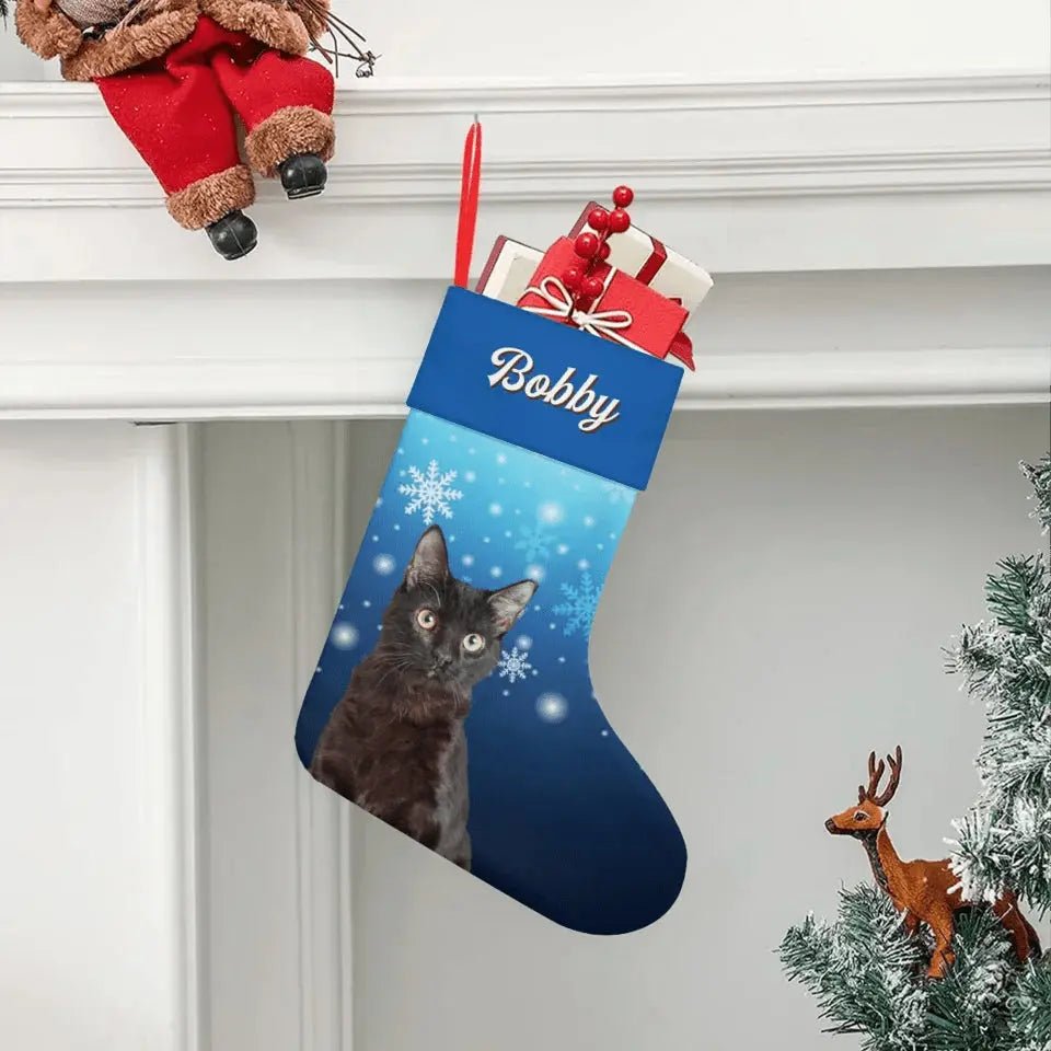 Custom Personalized Cat Photo Christmas Stocking - Holiday Linen - Chic Kitty