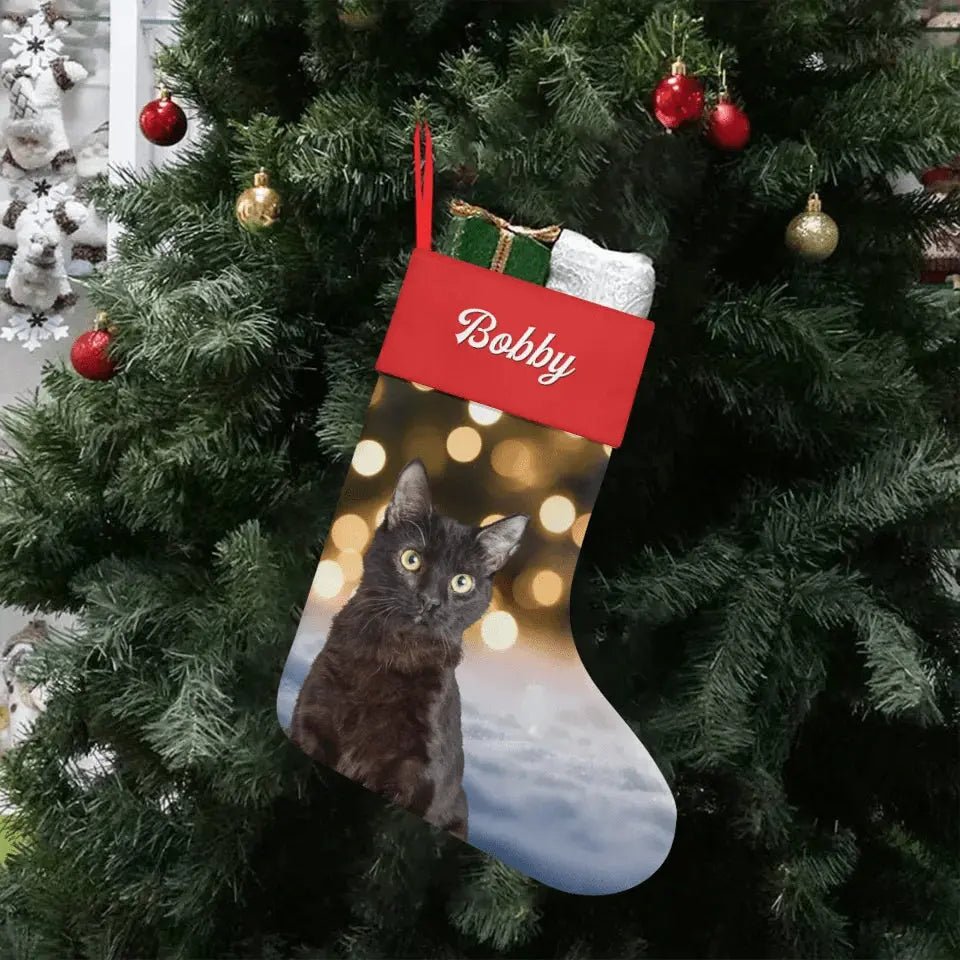 Custom Personalized Cat Photo Christmas Stocking - Holiday Linen - Chic Kitty
