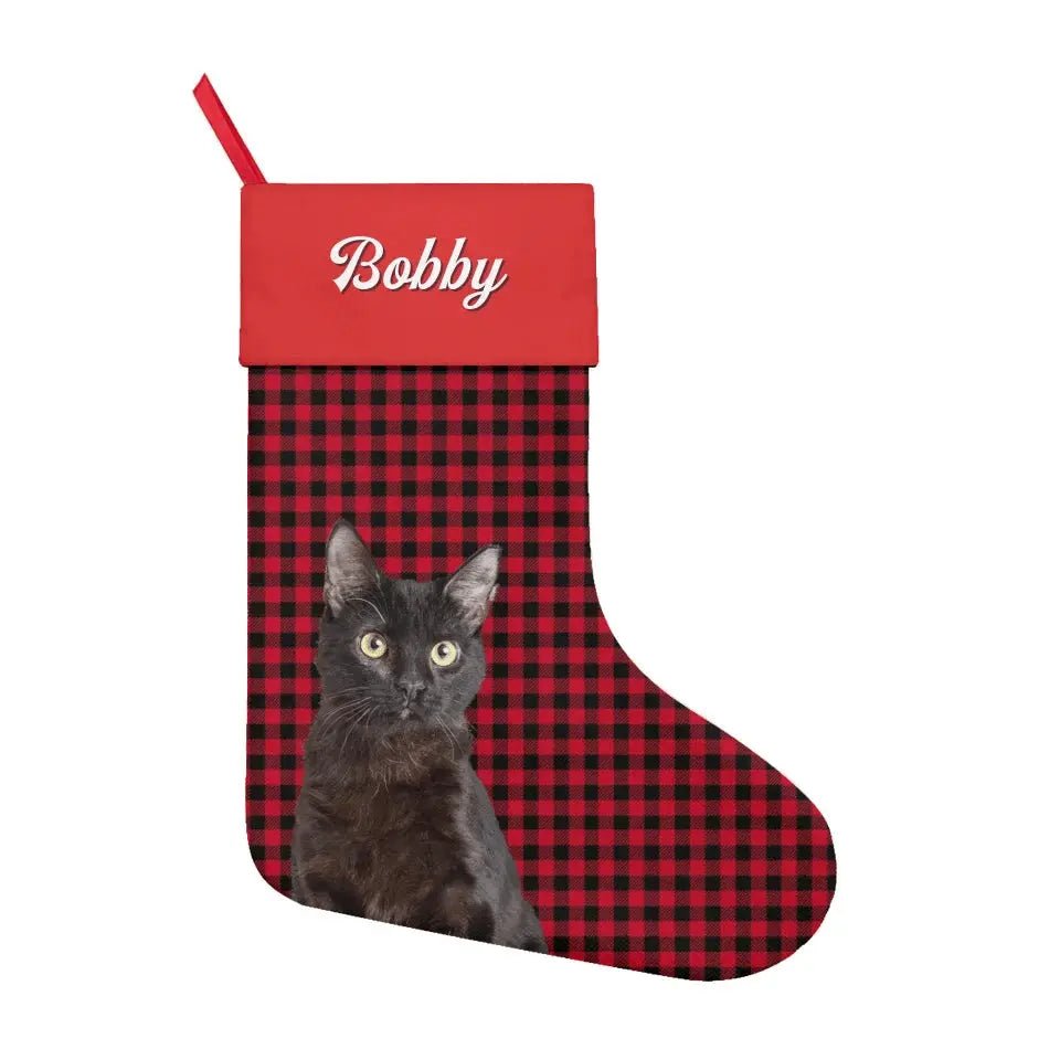 Custom Personalized Cat Photo Christmas Stocking - Holiday Linen - Chic Kitty