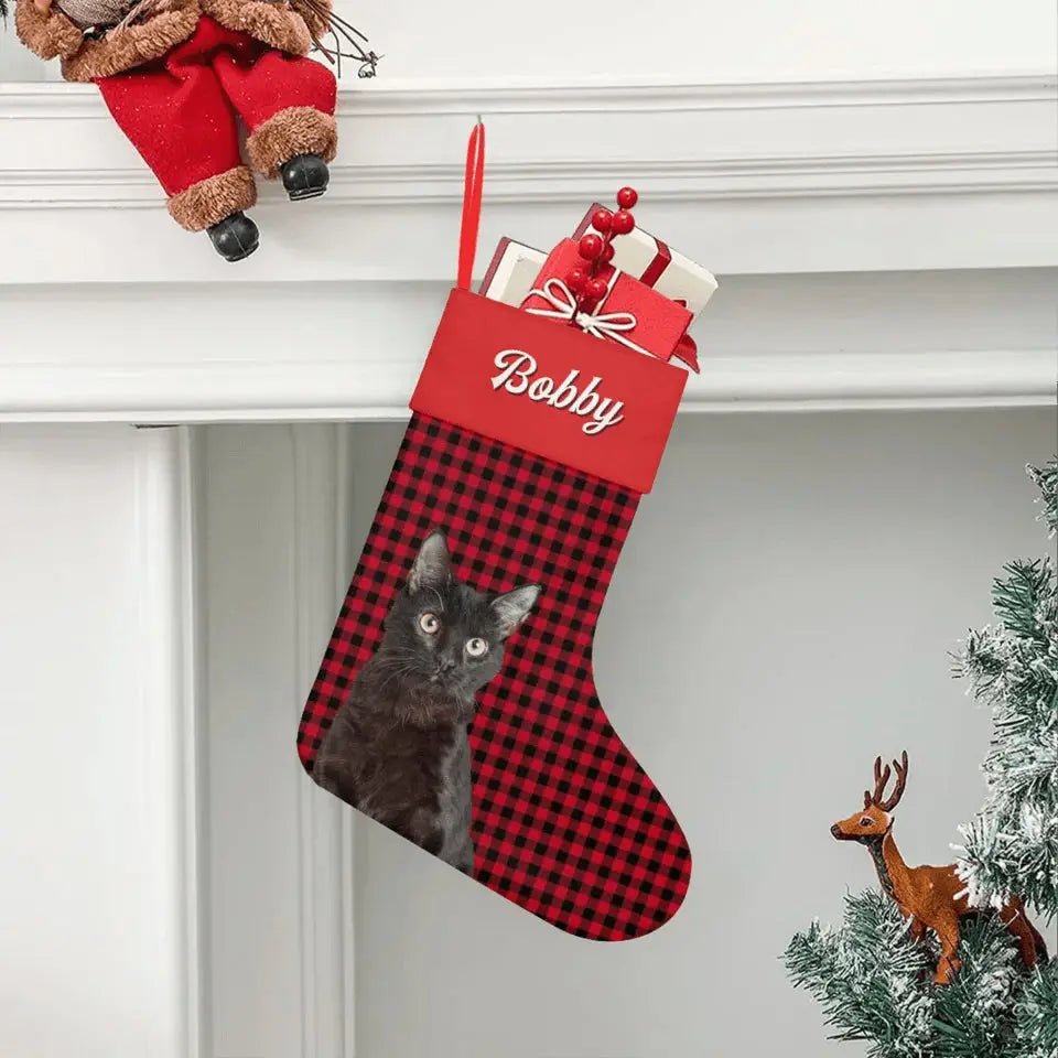 Custom Personalized Cat Photo Christmas Stocking - Holiday Linen - Chic Kitty