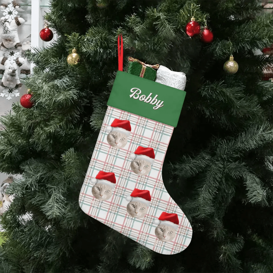 Custom Personalized Cat Photo Christmas Stocking - Holiday Linen - Chic Kitty