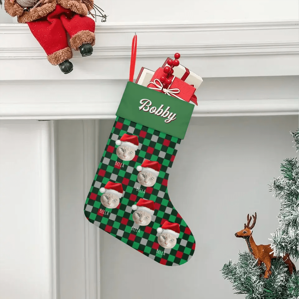 Custom Personalized Cat Photo Christmas Stocking - Holiday Linen - Chic Kitty
