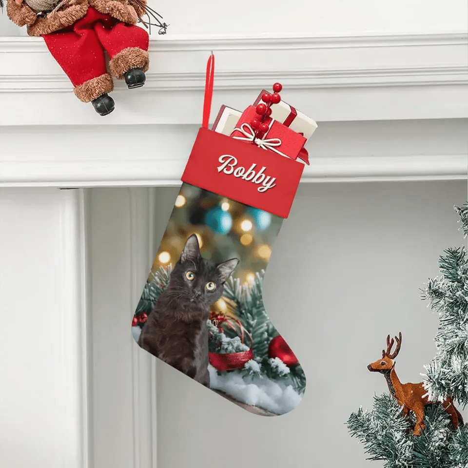 Custom Personalized Cat Photo Christmas Stocking - Holiday Linen - Chic Kitty