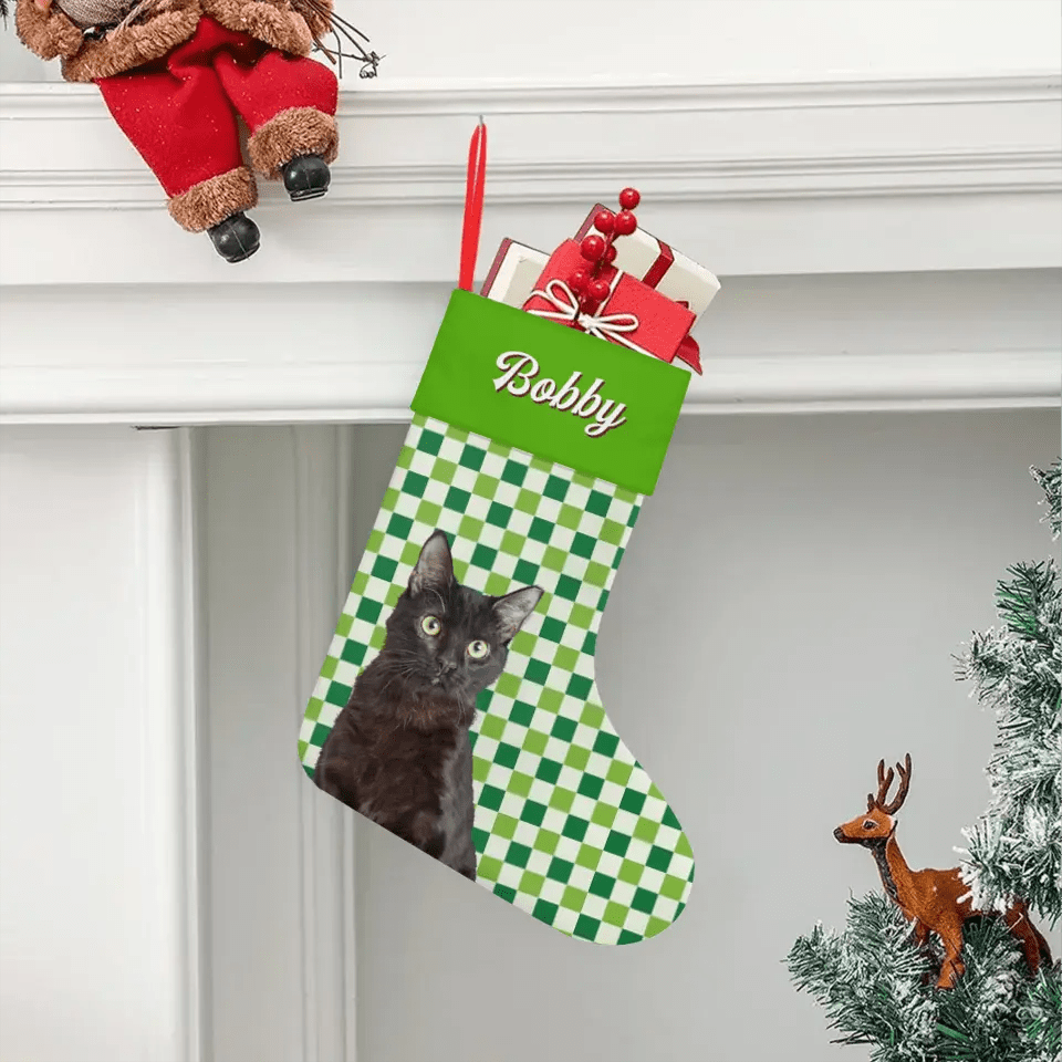 Custom Personalized Cat Photo Christmas Stocking - Holiday Linen - Chic Kitty