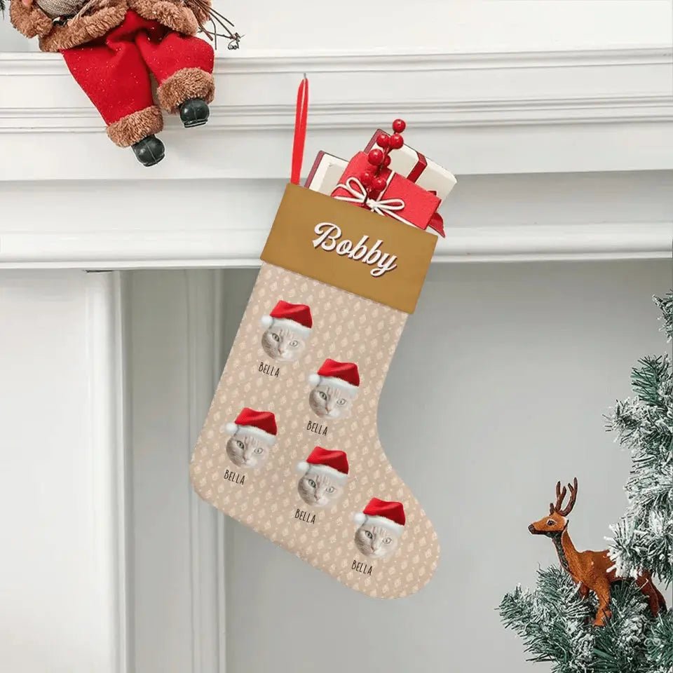 Custom Personalized Cat Photo Christmas Stocking - Holiday Linen - Chic Kitty