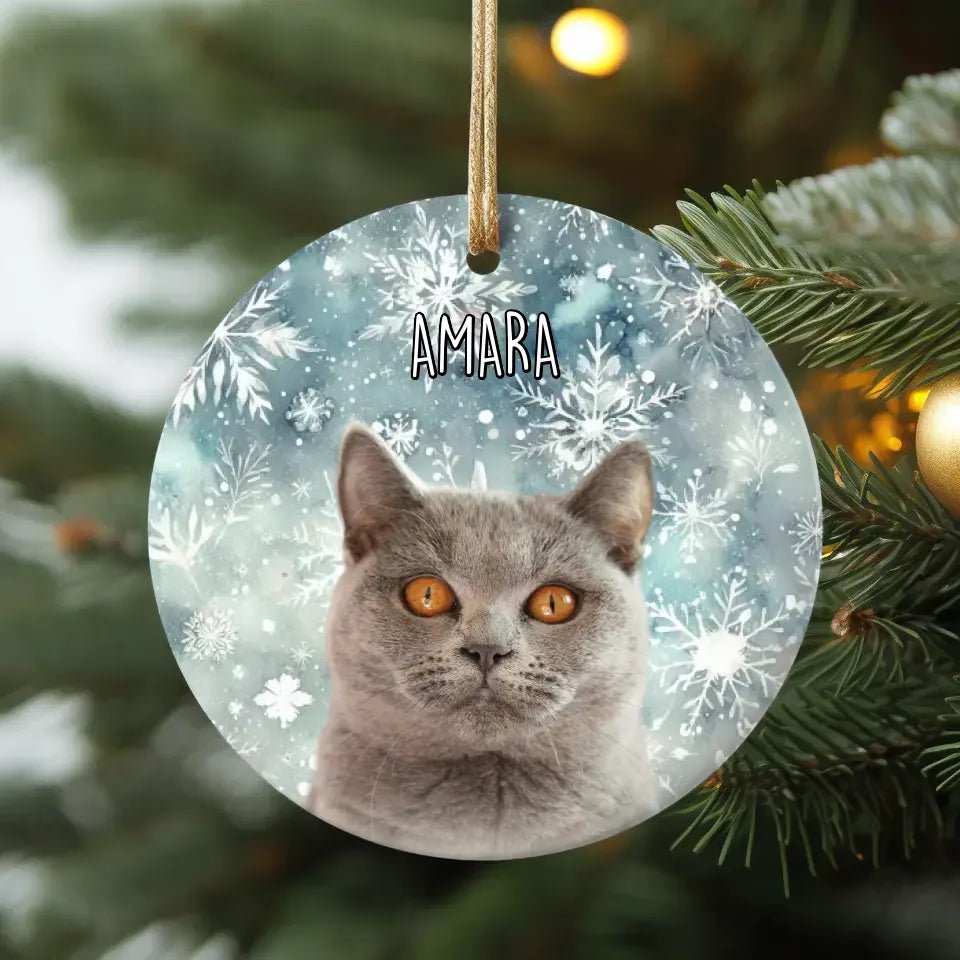 Custom Personalized Cat Photo Christmas Theme Ceramic Ornament - Holiday Pet - Chic Kitty