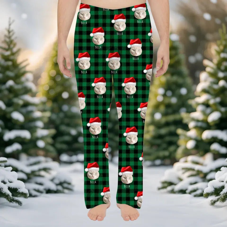 Custom Personalized Cat Photo Men's Christmas Pajama Pants - Holiday PJ's for Men - Chic Kitty