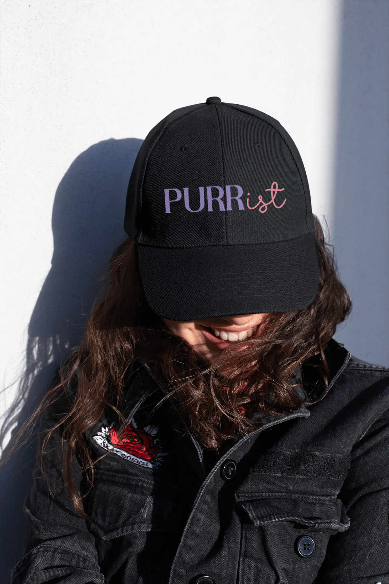Cute 'PURRist' Low Profile Baseball Cap for Cat Lovers - Adjustable Black Hat - Chic Kitty