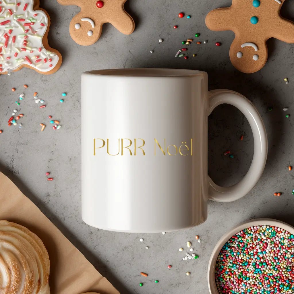 Gold Script 'Purr Noël' Ceramic Mug — Elegant Minimalist Coffee Cup (11oz, 15oz) - Chic Kitty