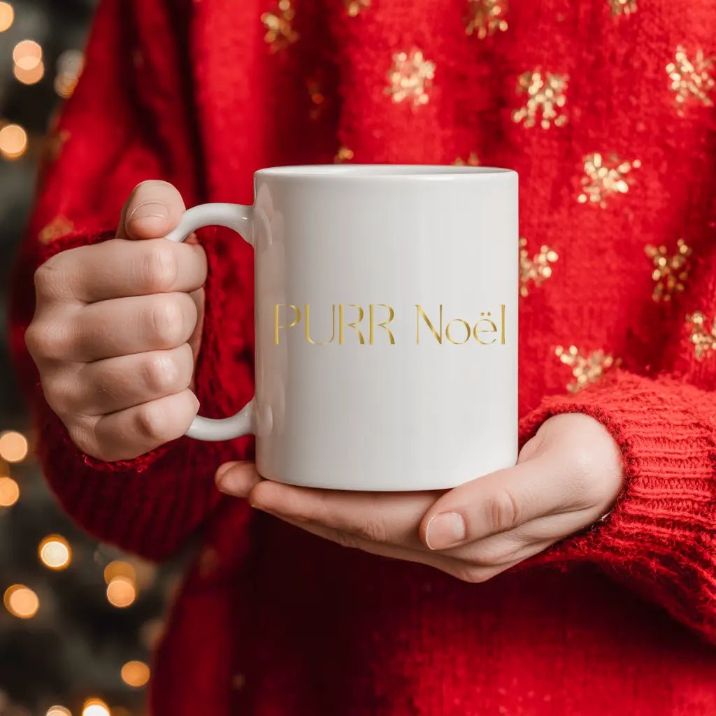 Gold Script 'Purr Noël' Ceramic Mug — Elegant Minimalist Coffee Cup (11oz, 15oz) - Chic Kitty