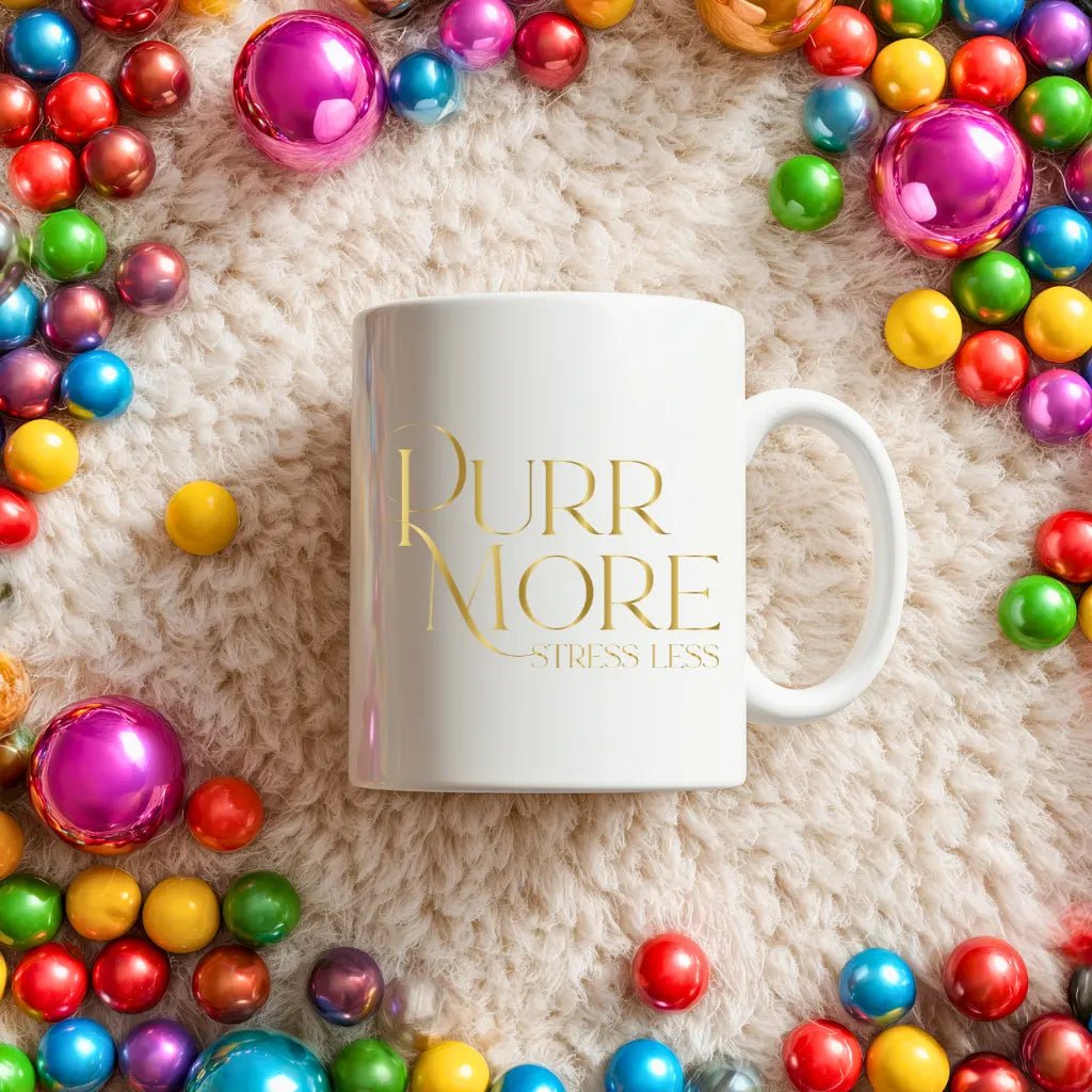 Inspirational Ceramic Mug - "Purr More Stress Less" Gold Script Coffee Cup (11oz, 15oz) - Chic Kitty