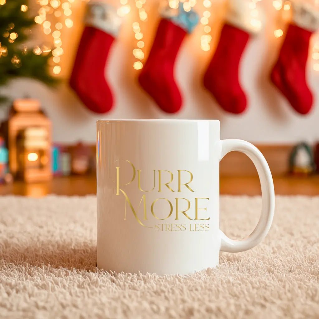 Inspirational Ceramic Mug - "Purr More Stress Less" Gold Script Coffee Cup (11oz, 15oz) - Chic Kitty
