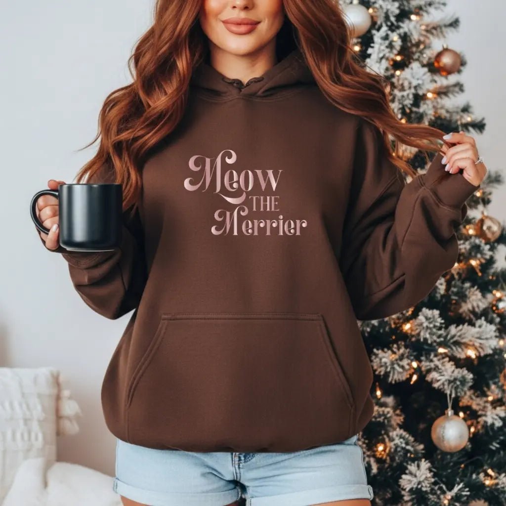 Meow The Merrier Hoodie — Cute Pink Cat Quote Pullover - Chic Kitty