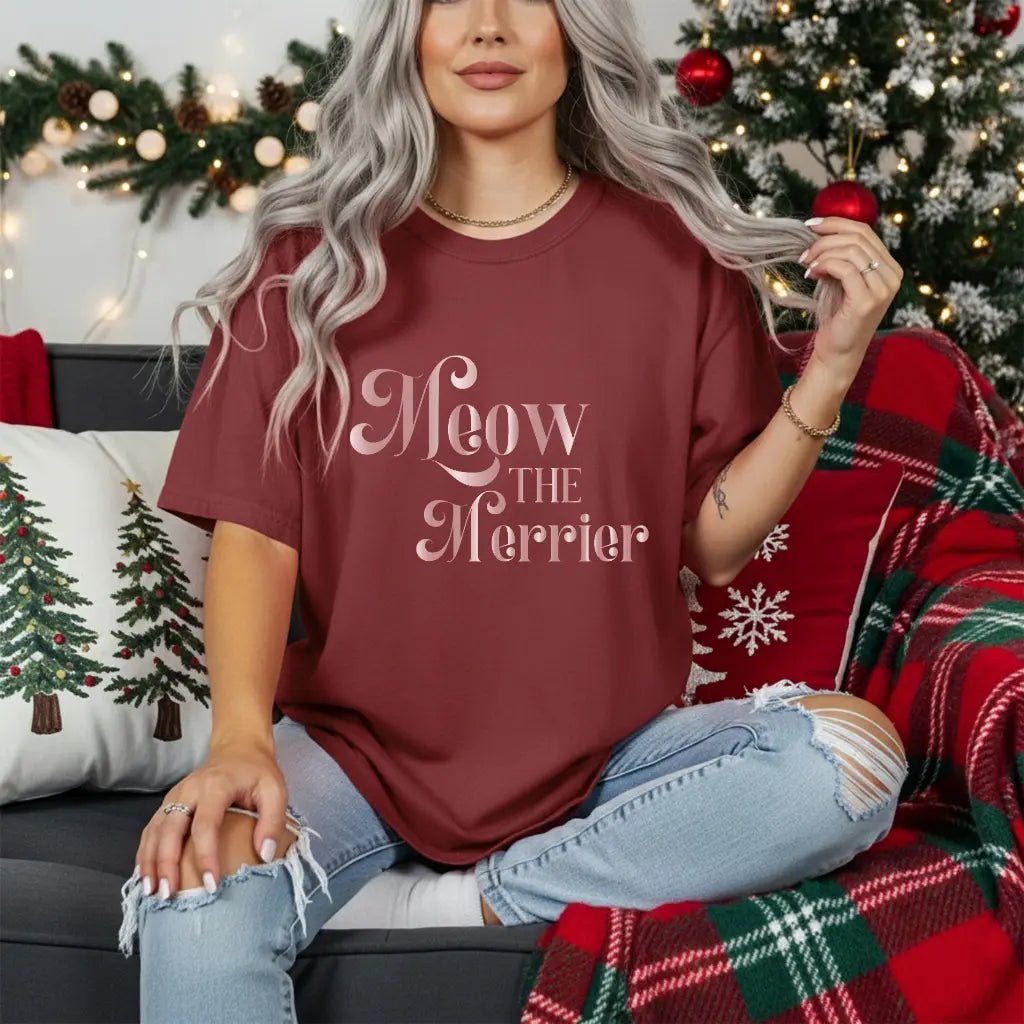 Meow the Merrier Tee - Women's Cute Cat Holiday Graphic T-Shirt - Chic Kitty
